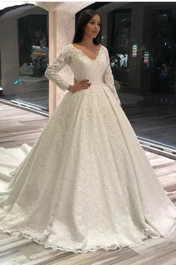 Vintage Long A-line V-neck Appliques Lace Wedding Dress with Sleeves (ZD15103) - VelvetHem