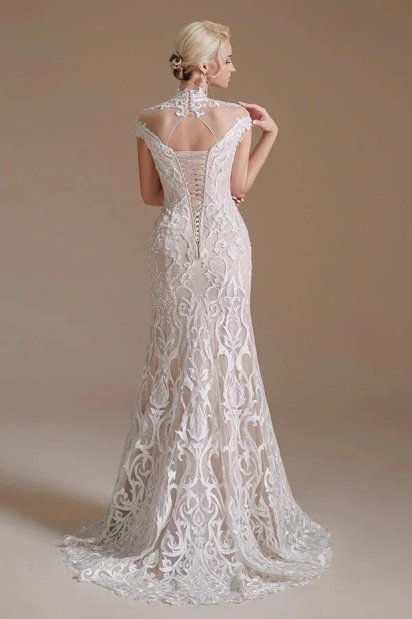 Vintage Long Mermaid High-neck Lace Wedding Dress with sleeves (ZD14345)