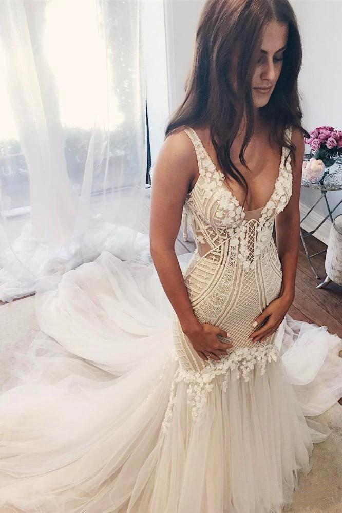Vintage Long Mermaid V Neck Backless Tulle Wedding Dress (ZD15863) - VelvetHem