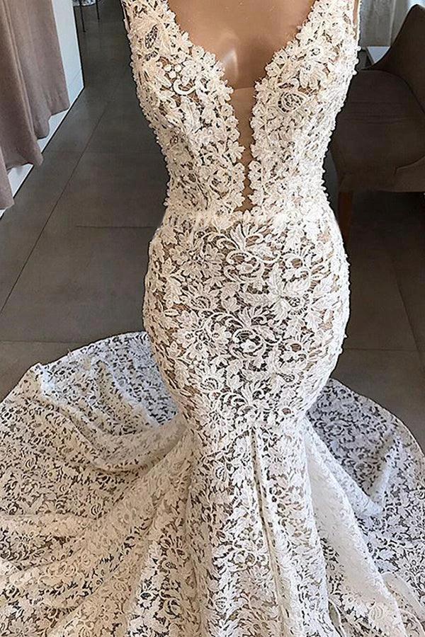 Vintage Long Mermaid V-neck Lace Backless Wedding Dresses (ZD15795)