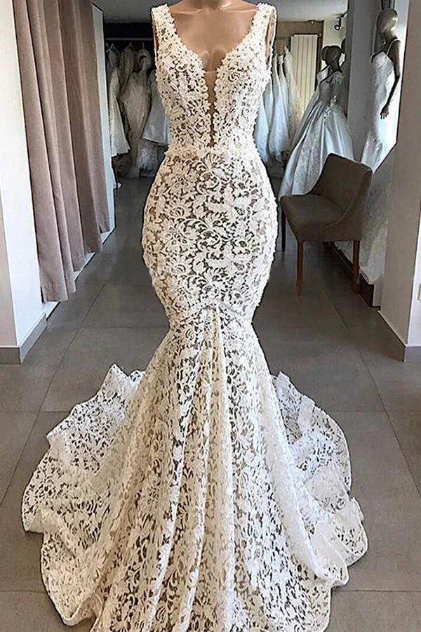 Vintage Long Mermaid V-neck Lace Backless Wedding Dresses (ZD15795)