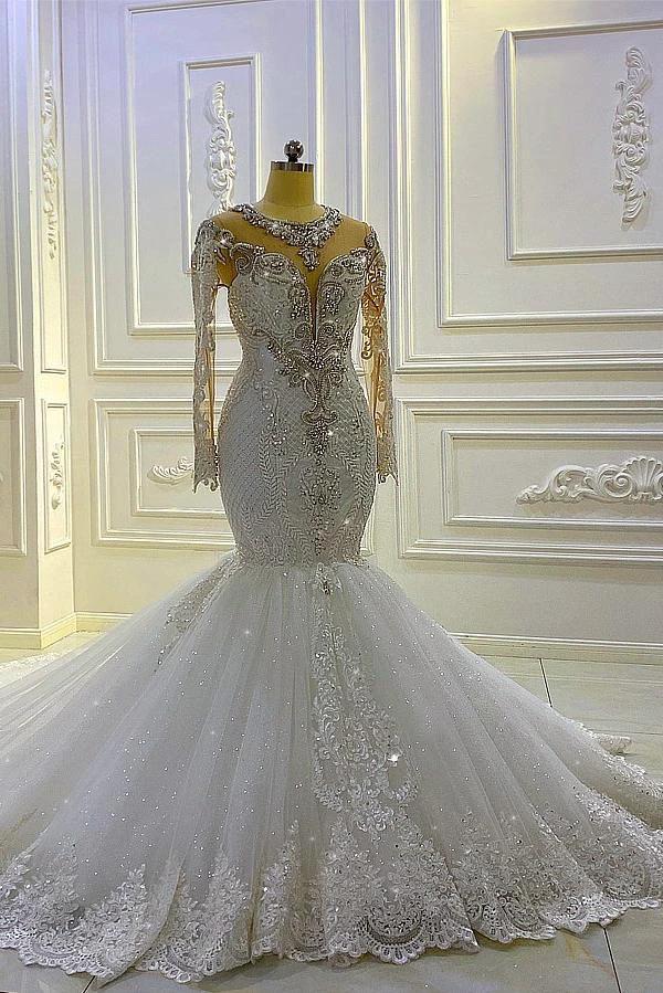 Vintage Long Sleeve Appliques Lace Beading Sequins Mermaid Wedding Dress (ZD15163)