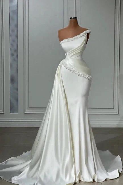 Vintage Long White One Shoulder Sleeveless Wedding Dresses With Beads (ZD16430)