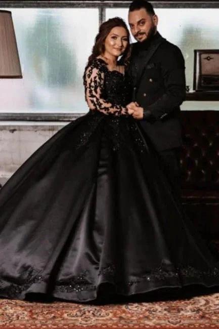 Vintage Princess Black Wedding Dresses with Sleeves (ZD13789) - VelvetHem