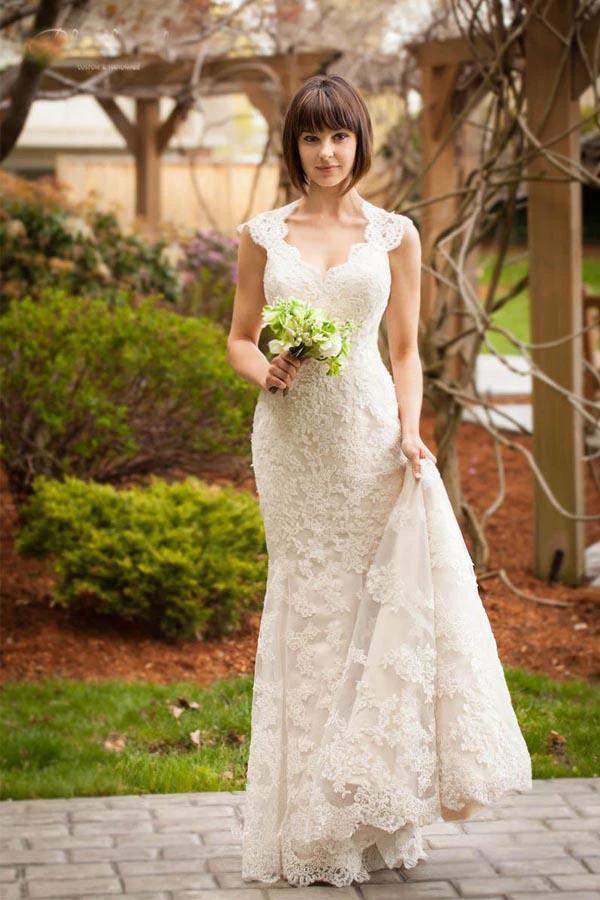 Vintage Quee Keyhole Winter Long Lace Mermaid Wedding Dress (ZD15411) - VelvetHem