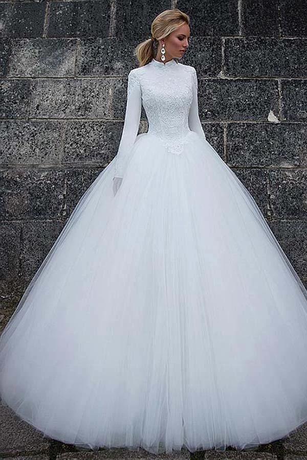 Vintage Satin High Collar Natural Waistline Ball Gown Wedding Dress (ZD16344) - VelvetHem
