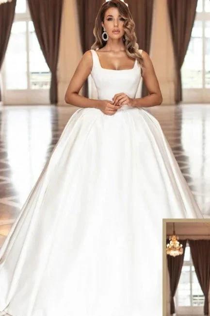 Vintage Simple Princess White Satin A-line Sleeveless Wedding Dresses (ZD14968) - VelvetHem