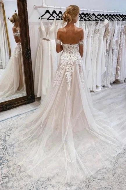 Vintage sweetheart off-the-shoulder cap sleeves a-line lace Wedding dress (ZD14844)