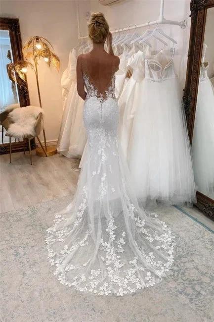 Vintage White Long Mermaid V-neck Lace Wedding Dresses (ZD14961)
