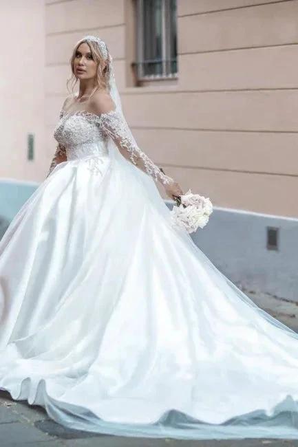 Vintage White Long Sleeve Ball Gown Satin Wedding Dresses With Lace (ZD14604) - VelvetHem