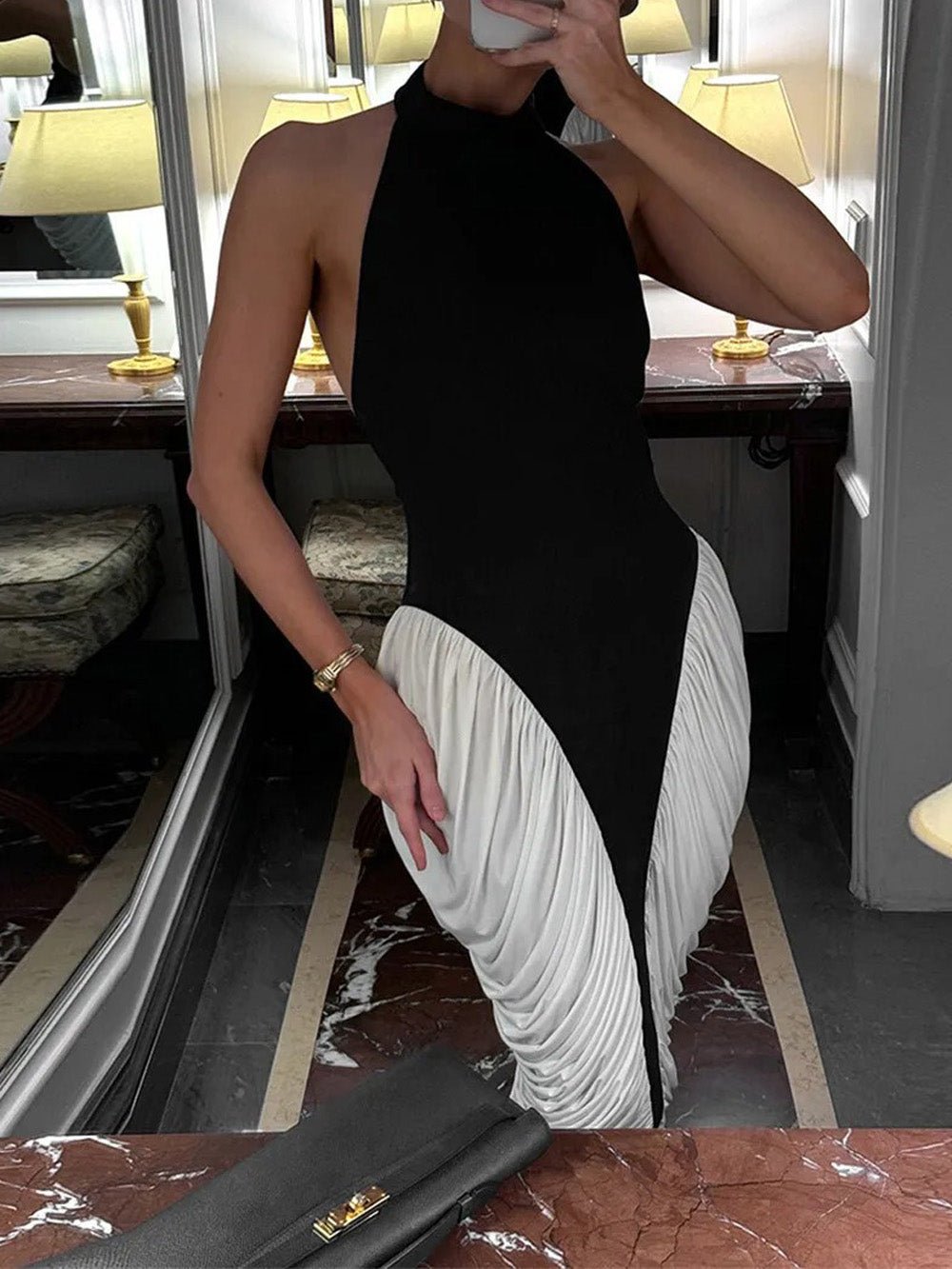 Vivienne Contrast Pleated Midi Dress