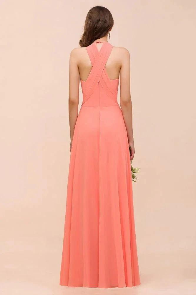 Watermelon Colorful Bridesmaid Maxi Dress Floor-Length V-Neck Maid of Honor Dress (ZD13015)