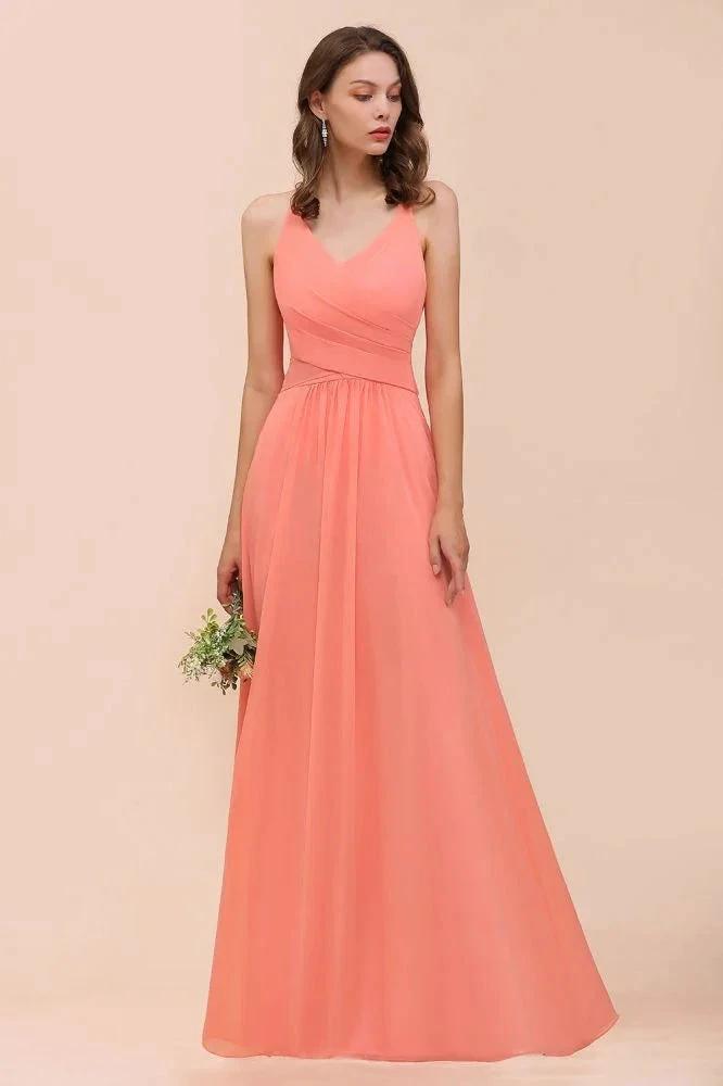 Watermelon Colorful Bridesmaid Maxi Dress Floor-Length V-Neck Maid of Honor Dress (ZD13015)