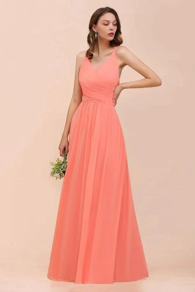 Watermelon Colorful Bridesmaid Maxi Dress Floor-Length V-Neck Maid of Honor Dress (ZD13015)