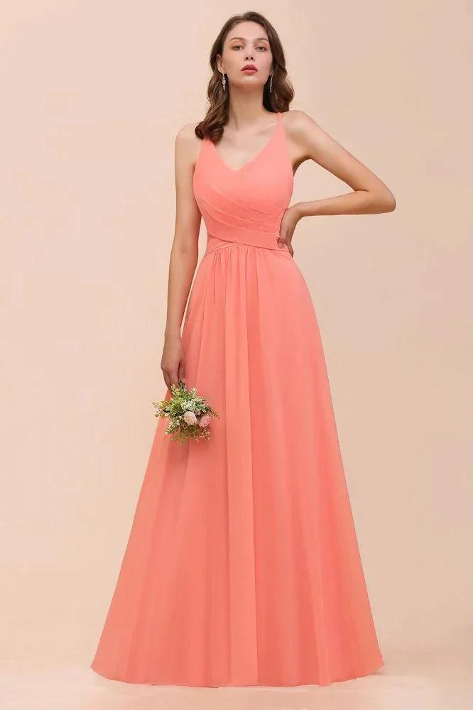 Watermelon Colorful Bridesmaid Maxi Dress Floor-Length V-Neck Maid of Honor Dress (ZD13015)