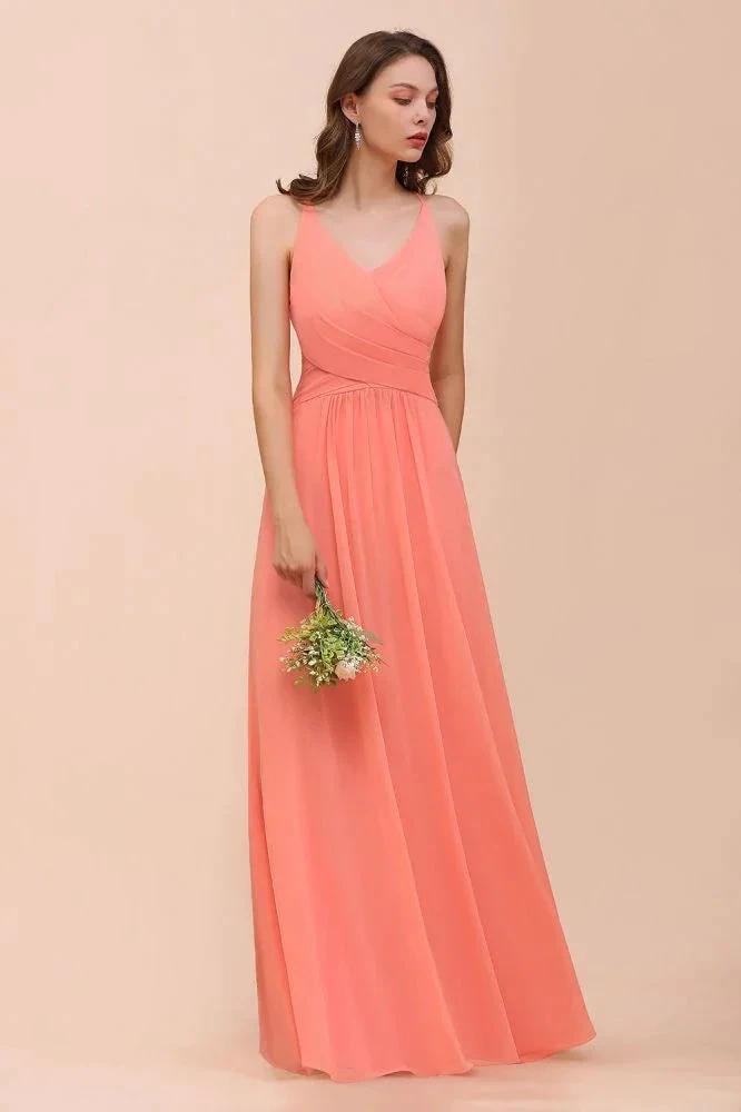 Watermelon Colorful Bridesmaid Maxi Dress Floor-Length V-Neck Maid of Honor Dress (ZD13015)