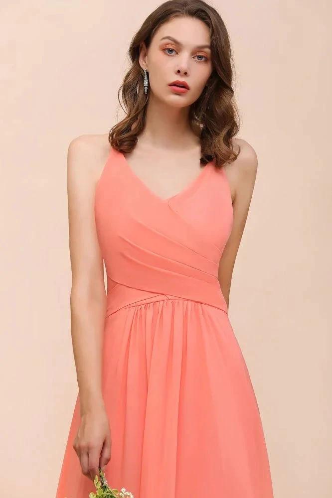 Watermelon Colorful Bridesmaid Maxi Dress Floor-Length V-Neck Maid of Honor Dress (ZD13015)