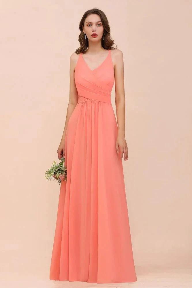 Watermelon Colorful Bridesmaid Maxi Dress Floor-Length V-Neck Maid of Honor Dress by misshow.com