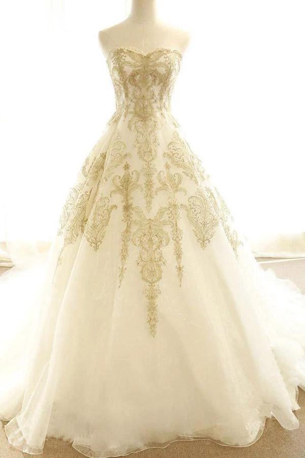 Wedding Dresses Ivory Gold Appliques Sweep/Brush Train Bridal Gown (ZD15326) - VelvetHem