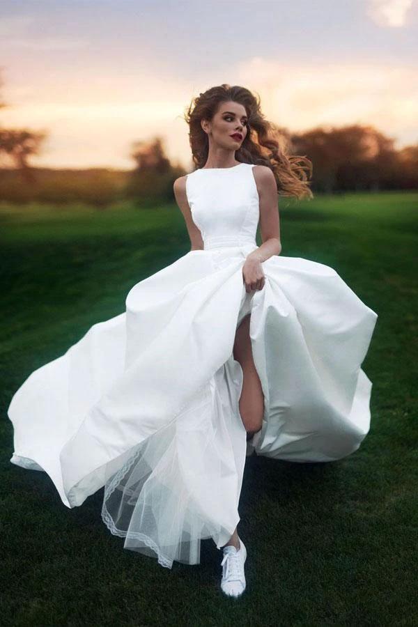 Wedding Dresses Scoop A-line Long Train Simple Satin Bridal Gown (ZD15313)