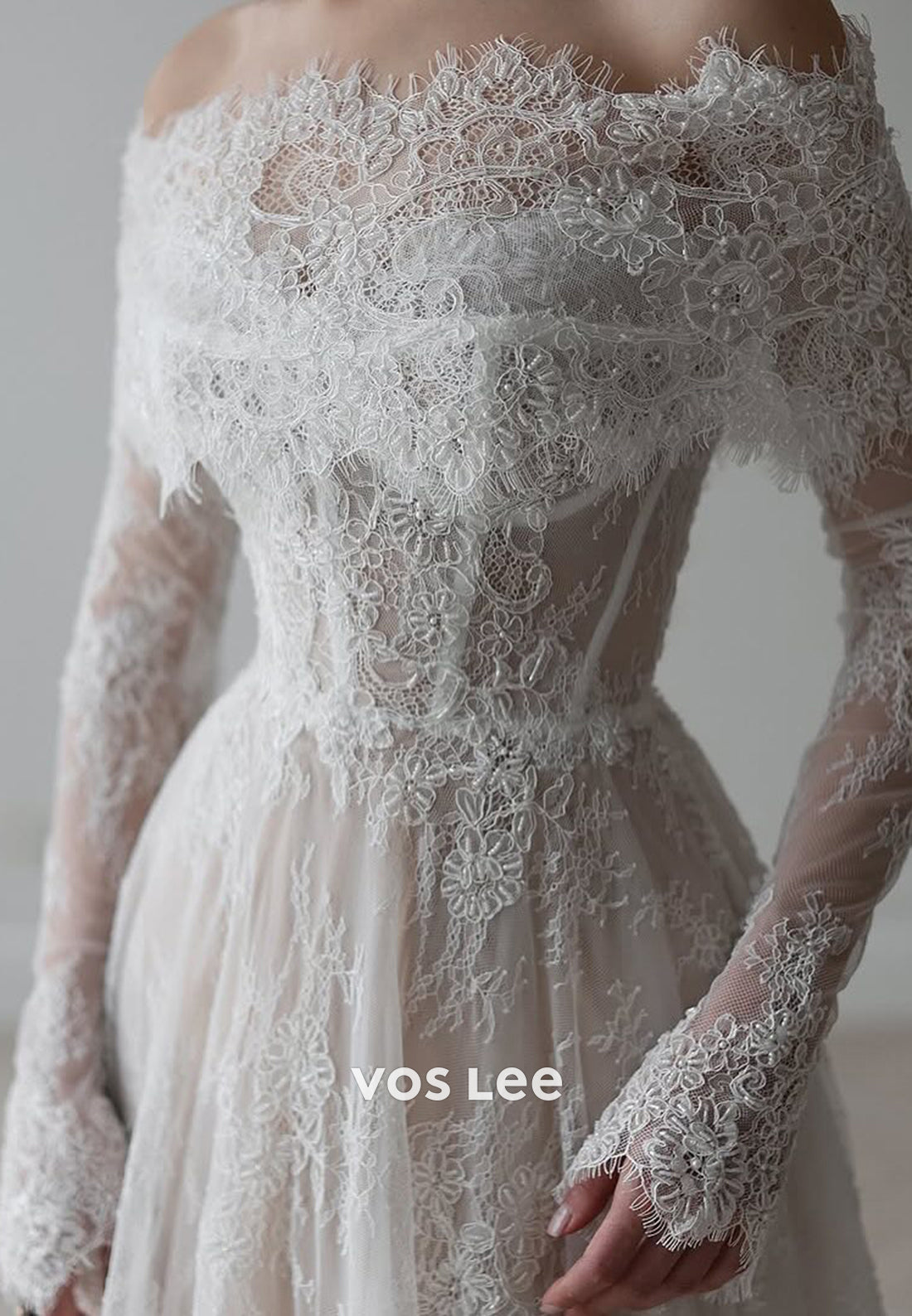 A-Line Long Sleeve Off the Shoulder Appliques Lace Wedding Dresses with Court Train