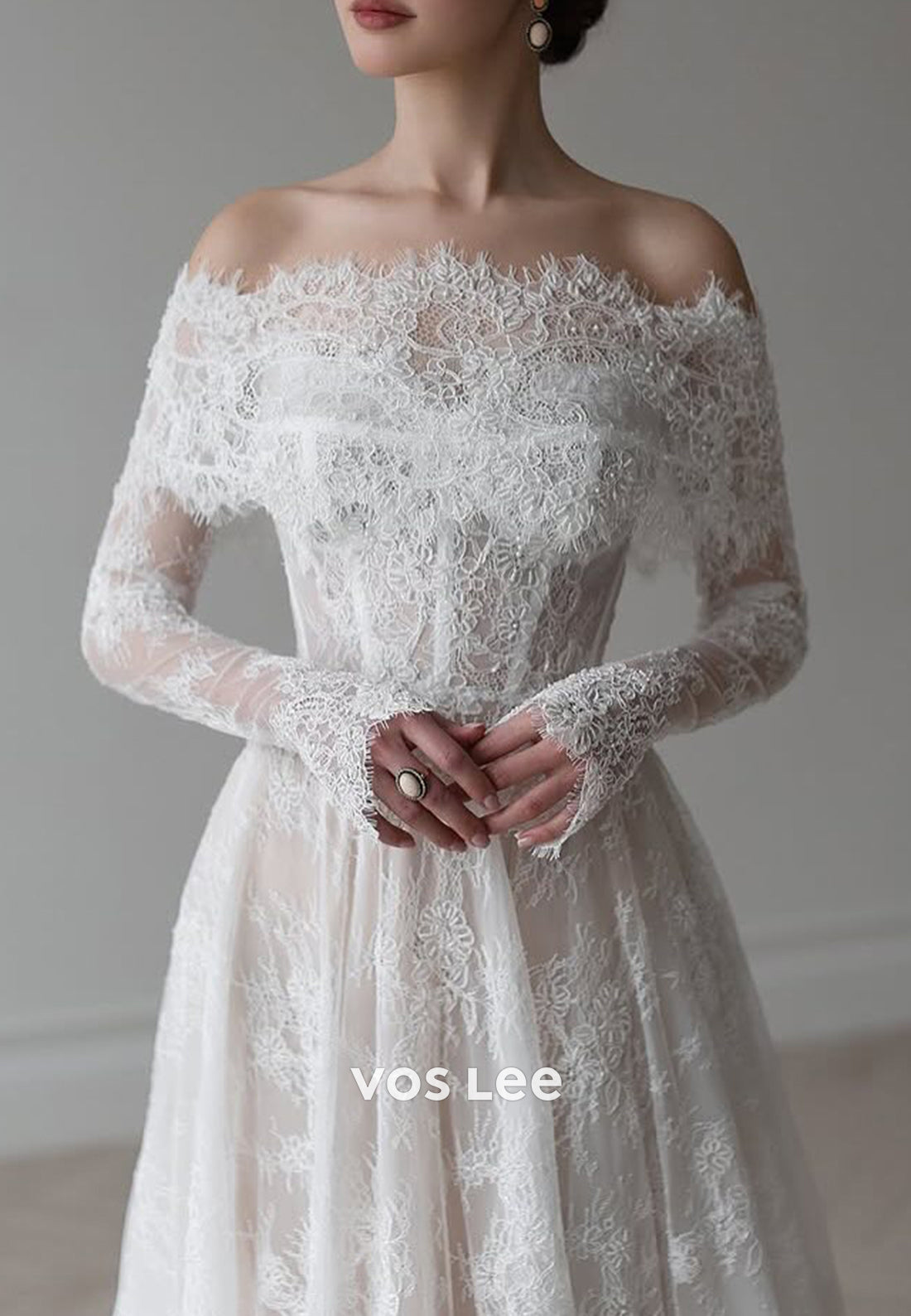 A-Line Long Sleeve Off the Shoulder Appliques Lace Wedding Dresses with Court Train
