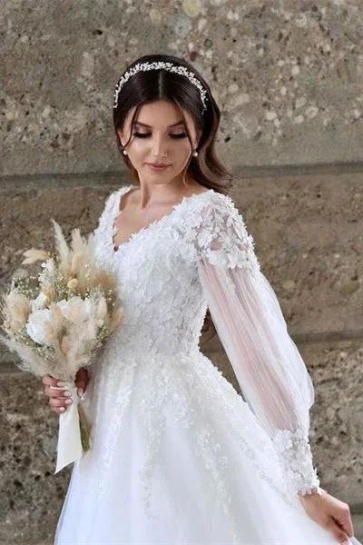 White A-line Long Sleeves Tulle Wedding Dress With Lace (ZD14651)