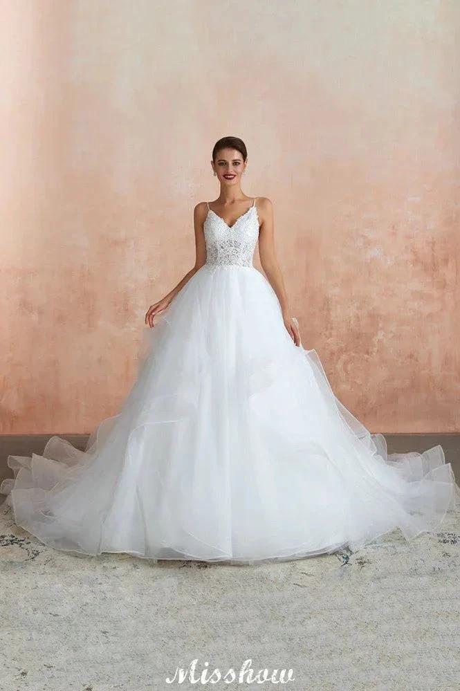 White Ball Gown Wedding Dress with Chapel Train, Spaghetti Strap See-through Lace up Bridal Gowns for Sale (ZD13974)