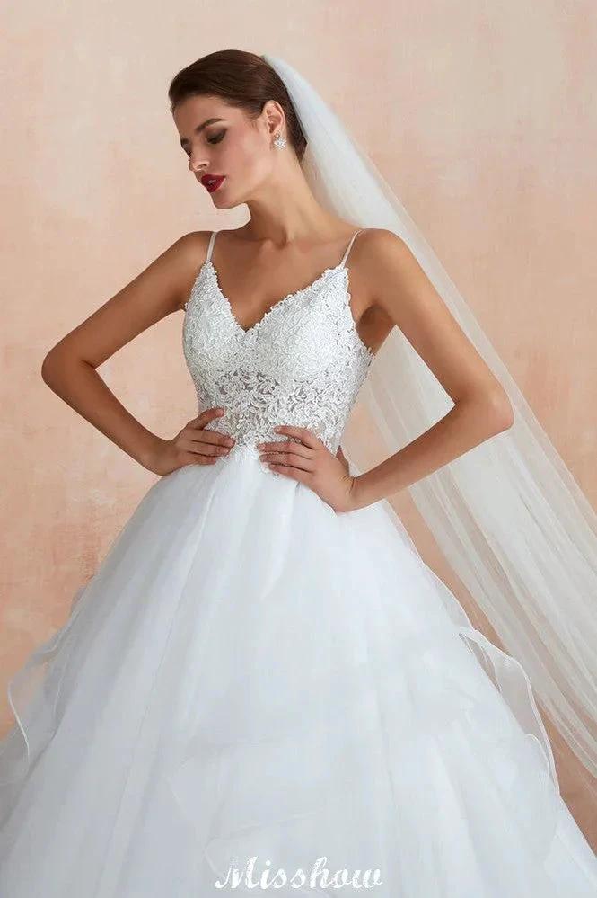 White Ball Gown Wedding Dress with Chapel Train, Spaghetti Strap See-through Lace up Bridal Gowns for Sale (ZD13974)