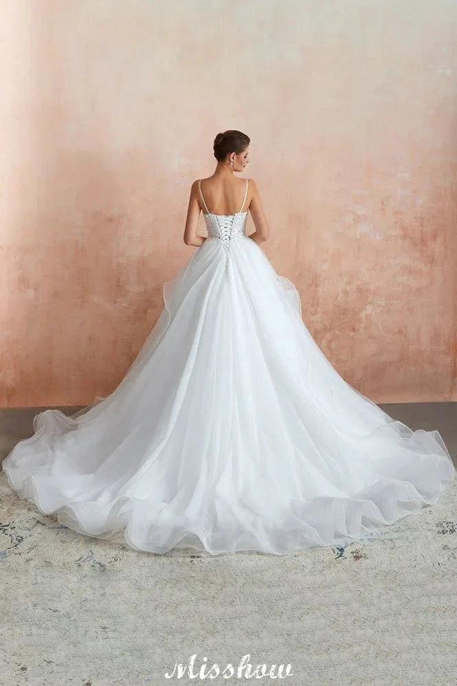 White Ball Gown Wedding Dress with Chapel Train, Spaghetti Strap See-through Lace up Bridal Gowns for Sale (ZD13974)