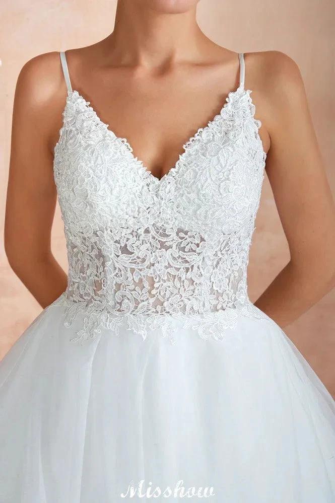 White Ball Gown Wedding Dress with Chapel Train, Spaghetti Strap See-through Lace up Bridal Gowns for Sale (ZD13974)