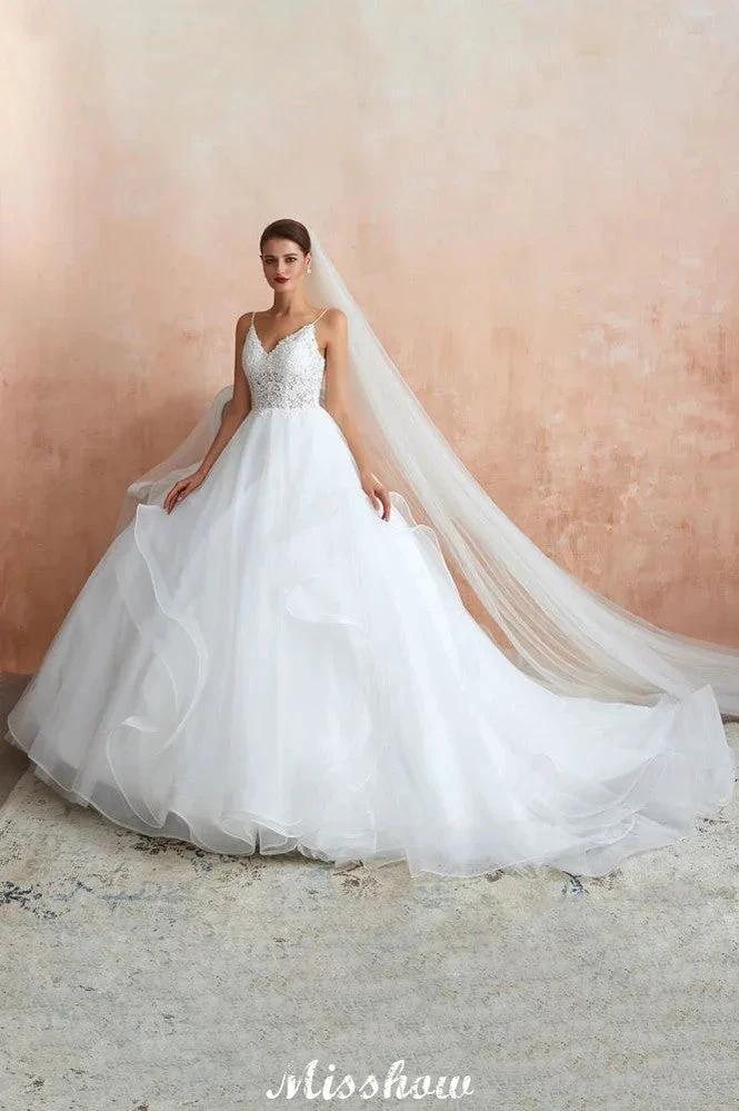 White Ball Gown Wedding Dress with Chapel Train, Spaghetti Strap See-through Lace up Bridal Gowns for Sale by misshow.com
