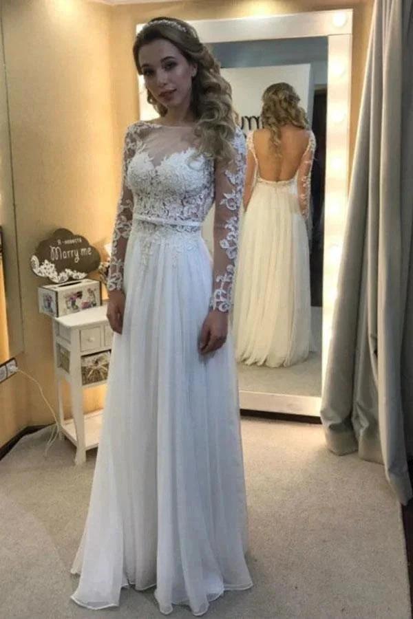 Ivory Chiffon Long Sleeve Backless Appliques Wedding Dress (ZD15368) - VelvetHem