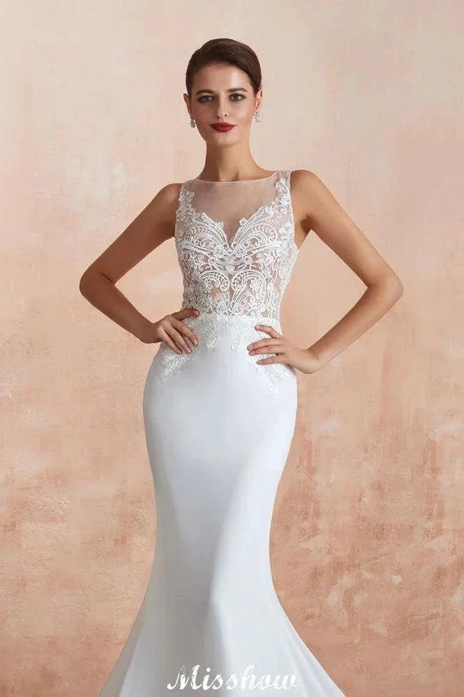 White Illusion Neck Column Wedding Dress Sleeveless Bridal Gowns (ZD13969)
