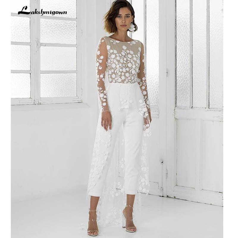 White Jumpsuit Beach Wedding Dresses Long Sleeve - VelvetHem