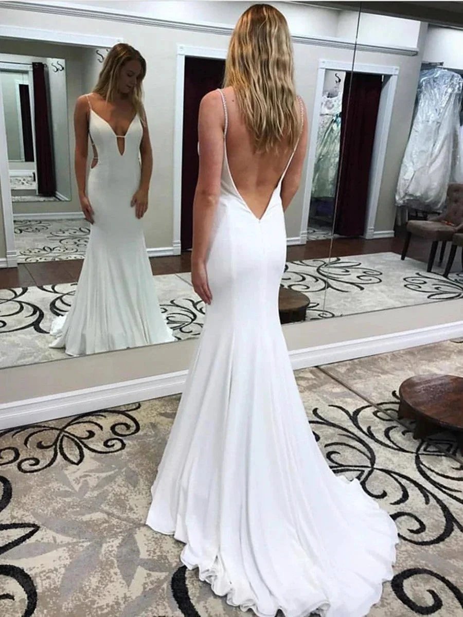 White Lomg Mermaid V Neck Backless Wedding Dresses with Sweep Train (ZD16733) - VelvetHem