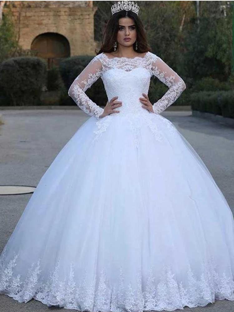 White Long A-line Lace Appliques Tulle Wedding Dresses with Sleeves (ZD15913) - VelvetHem