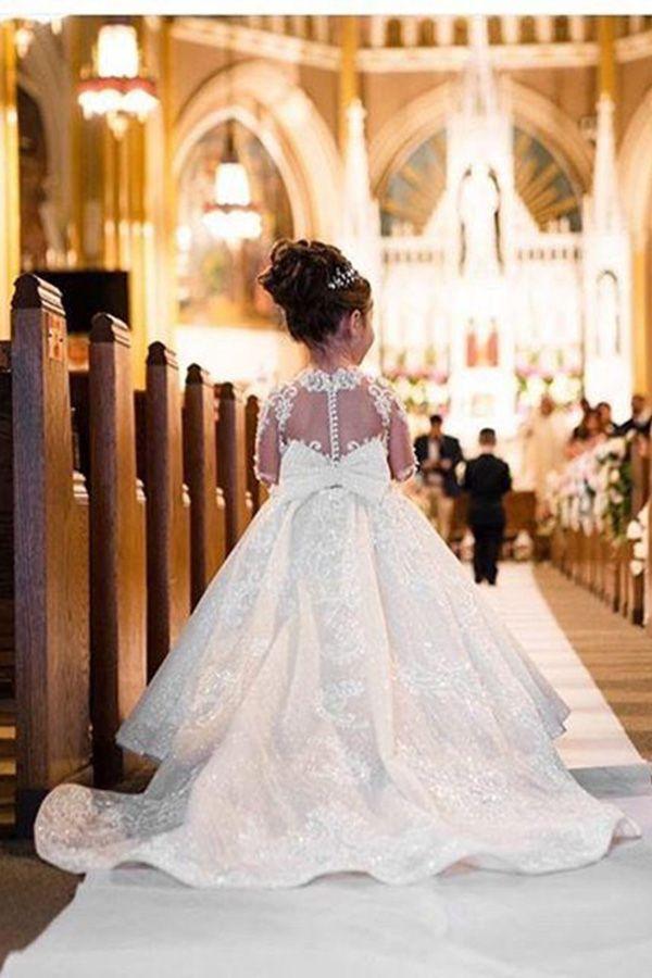 White Long A-line Lace Flower Girl Dresses With Sleeves - VelvetHem