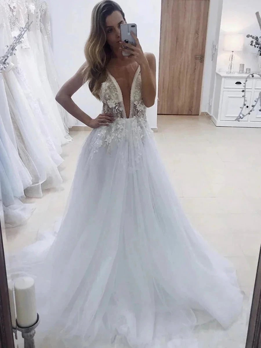 White Long A-line V Neck Backless Lace Appliques Wedding Dresses (ZD16742)