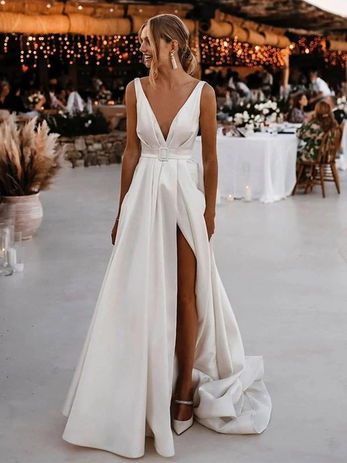 White Long A-line V-neck Satin Backless Wedding Dresses with Slit (ZD16746) - VelvetHem