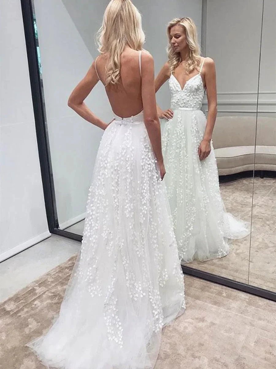 White Long A-line V-neck Tulle Lace Backless Wedding Dresses (ZD16732) - VelvetHem