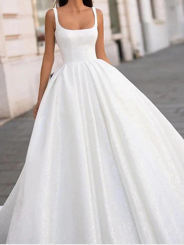 White Long Ball Gown Scoop Neck Court Train Satin Wedding Dresses (ZD15935) - VelvetHem