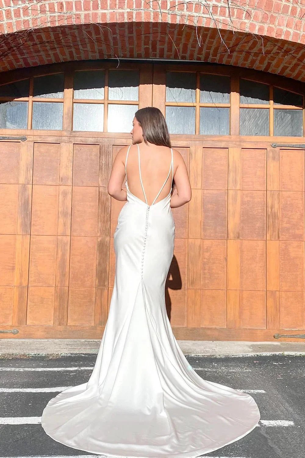 White Long Mermaid Spaghetti Straps Sweetheart Open Back Satin Wedding Dress (ZD14295)