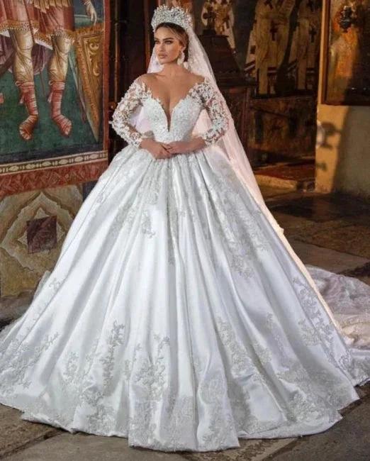 White Satin A-line Lace V-neck Wedding Dresses With Long Sleeves (ZD14499)