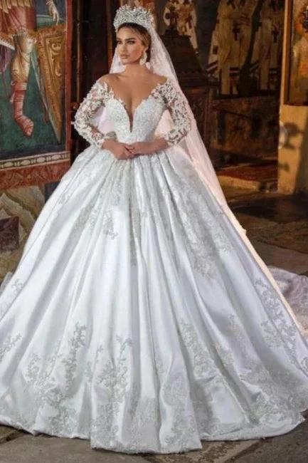 White Satin A-line Lace V-neck Wedding Dresses With Long Sleeves (ZD14499) - VelvetHem