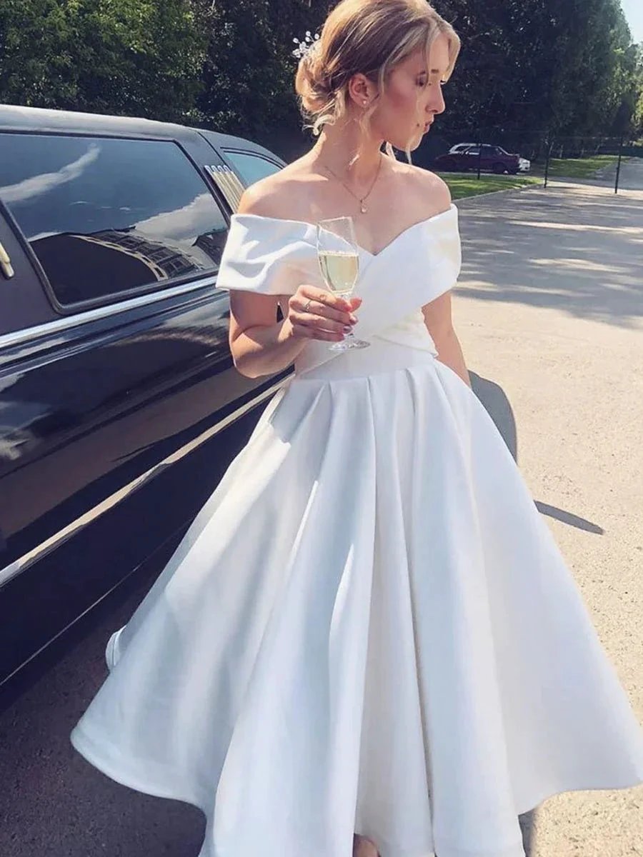 White Short A-line Off the Shoulder Tea Length Satin Wedding Dresses (ZD16741) - VelvetHem