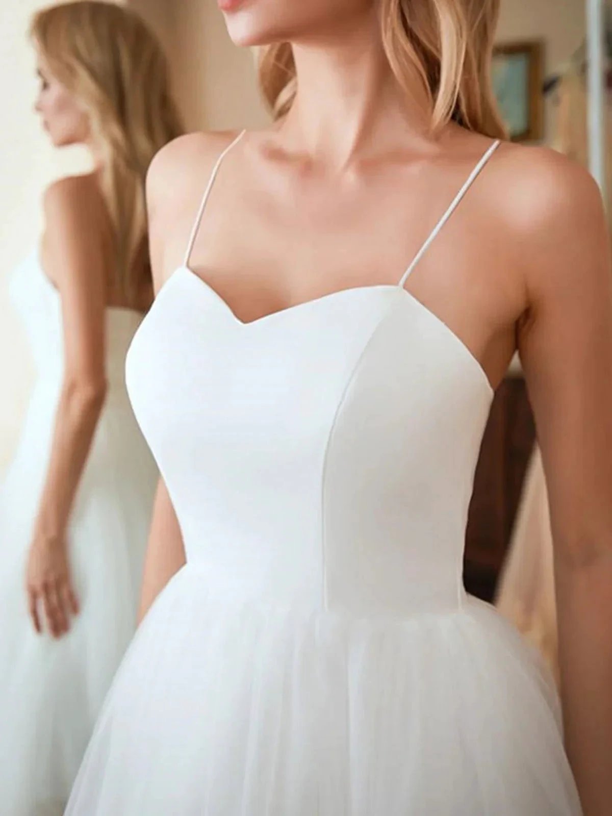 White Short A-line Sweetheart Tulle Tea Length Wedding Dresses (ZD16745)