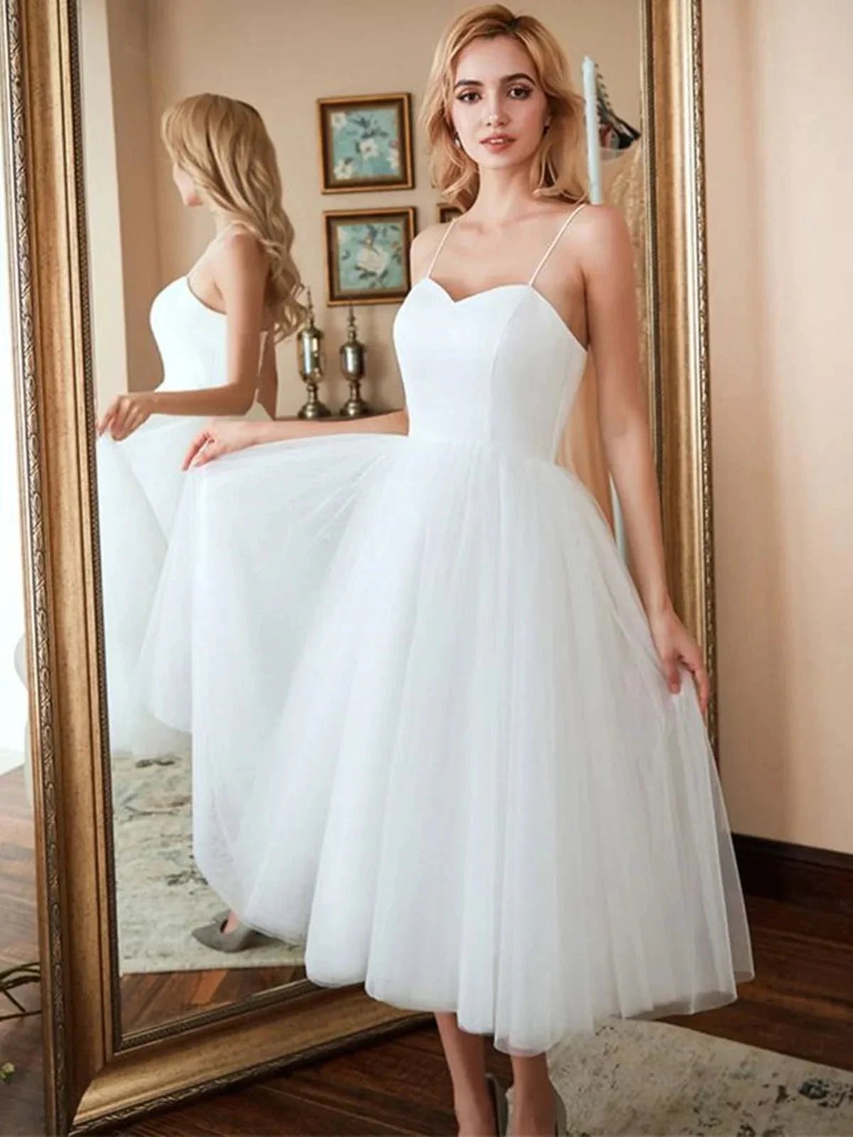 White Short A-line Sweetheart Tulle Tea Length Wedding Dresses (ZD16745)