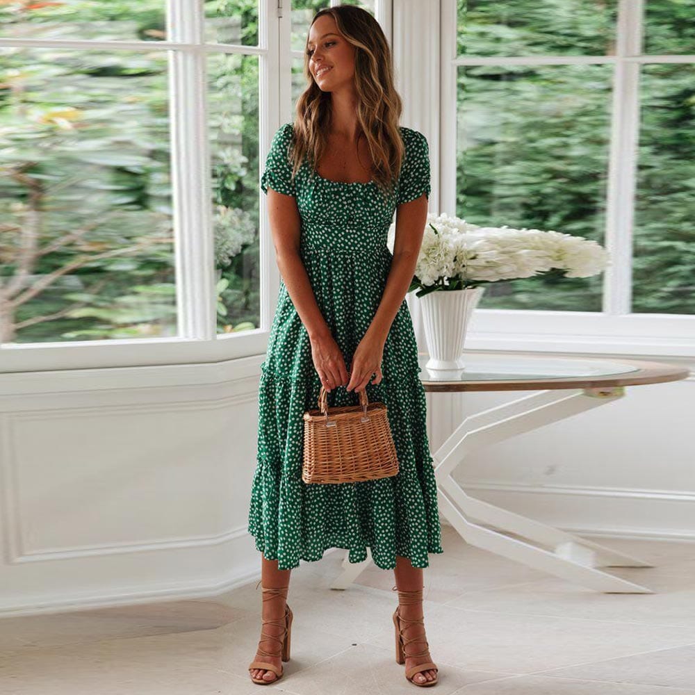 Yasmina Chic Bohemian Green Midi Dress with Puff Sleeves Premium Wardrobe Essential
