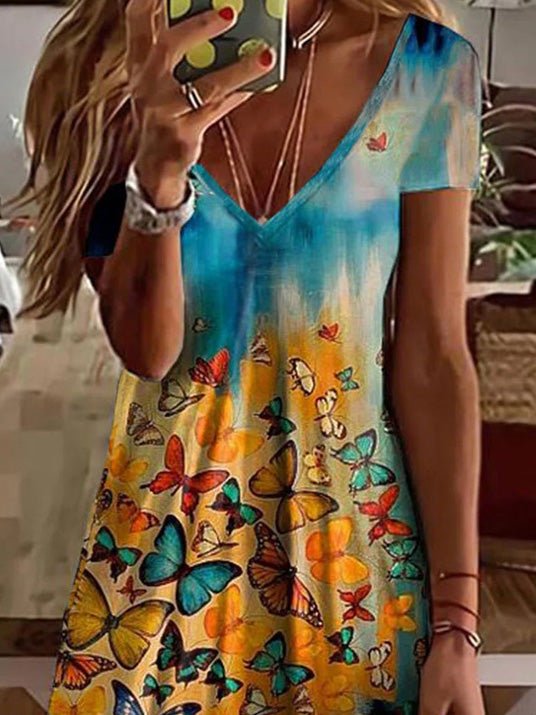 Butterfly Print V Neck Short Sleeve Dress